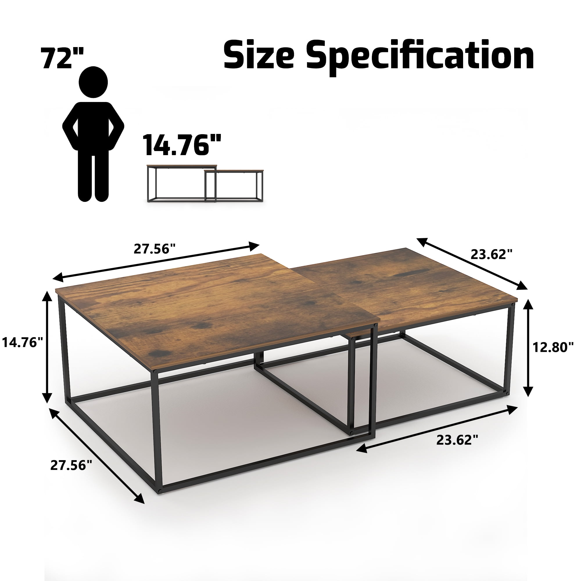 Chnnmbrn Coffee Tables, 2 Piece Set Square Nesting Table for Living Room, Rustic Brown and Black
