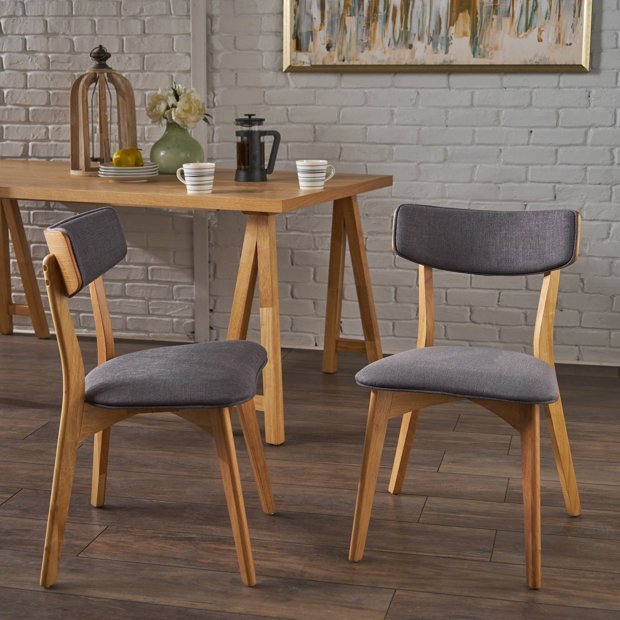 Noble House Atlantic Mid Century Fabric Dining Chairs , Oak, Dark Grey
