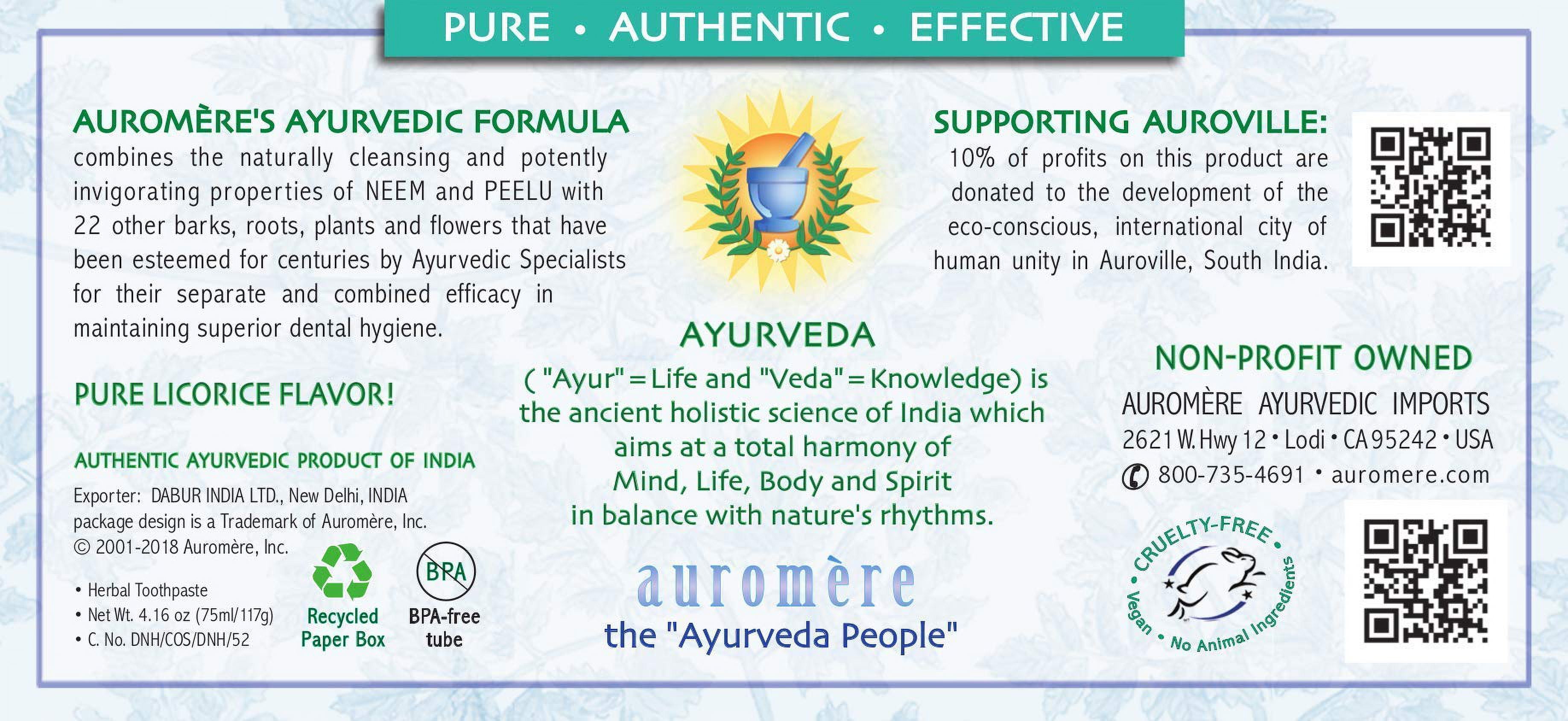 Auromere Ayurvedic Herbal Toothpaste, Mint Free - Vegan, Natural, Non GMO, Fluoride Free, Gluten Free, with Neem & Peelu (4.16 oz), 3 Pack