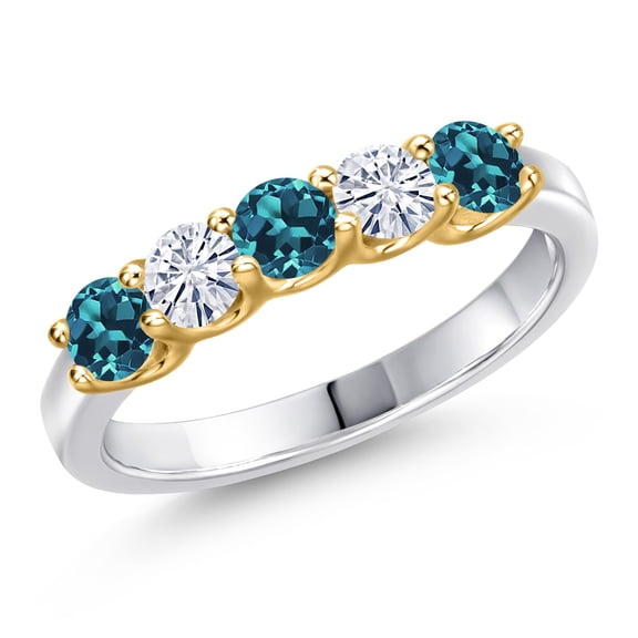 Gem Stone King 10K Two Tone Gold London Blue Topaz and White Moissanite Wedding-Bands Ring for Women | 0.98 Cttw | Round 3.5MM | Gemstone November Birthstone | Size 9