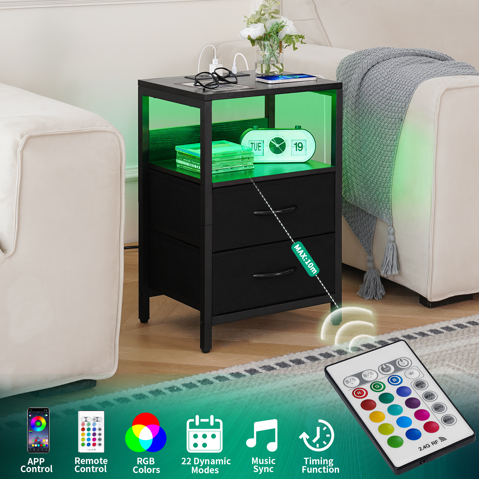 Yoobure Nightstand with LED Charging Station, Black photo 3