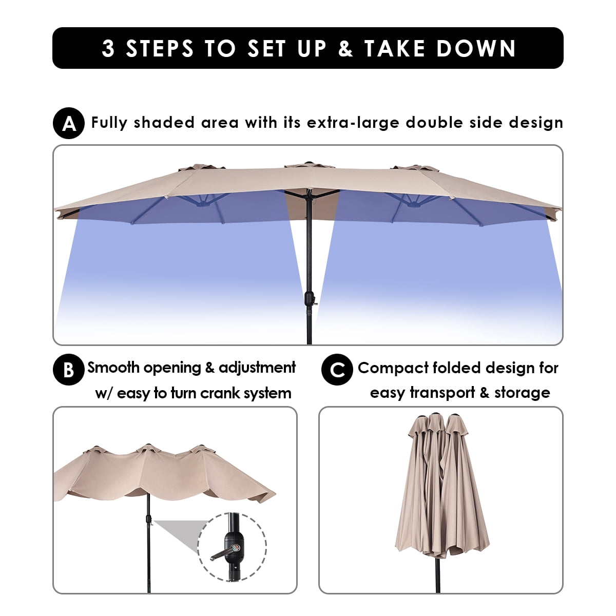 Topbuy 15'Patio Umbrella Double-Sided Outdoor Shade Offset Beige