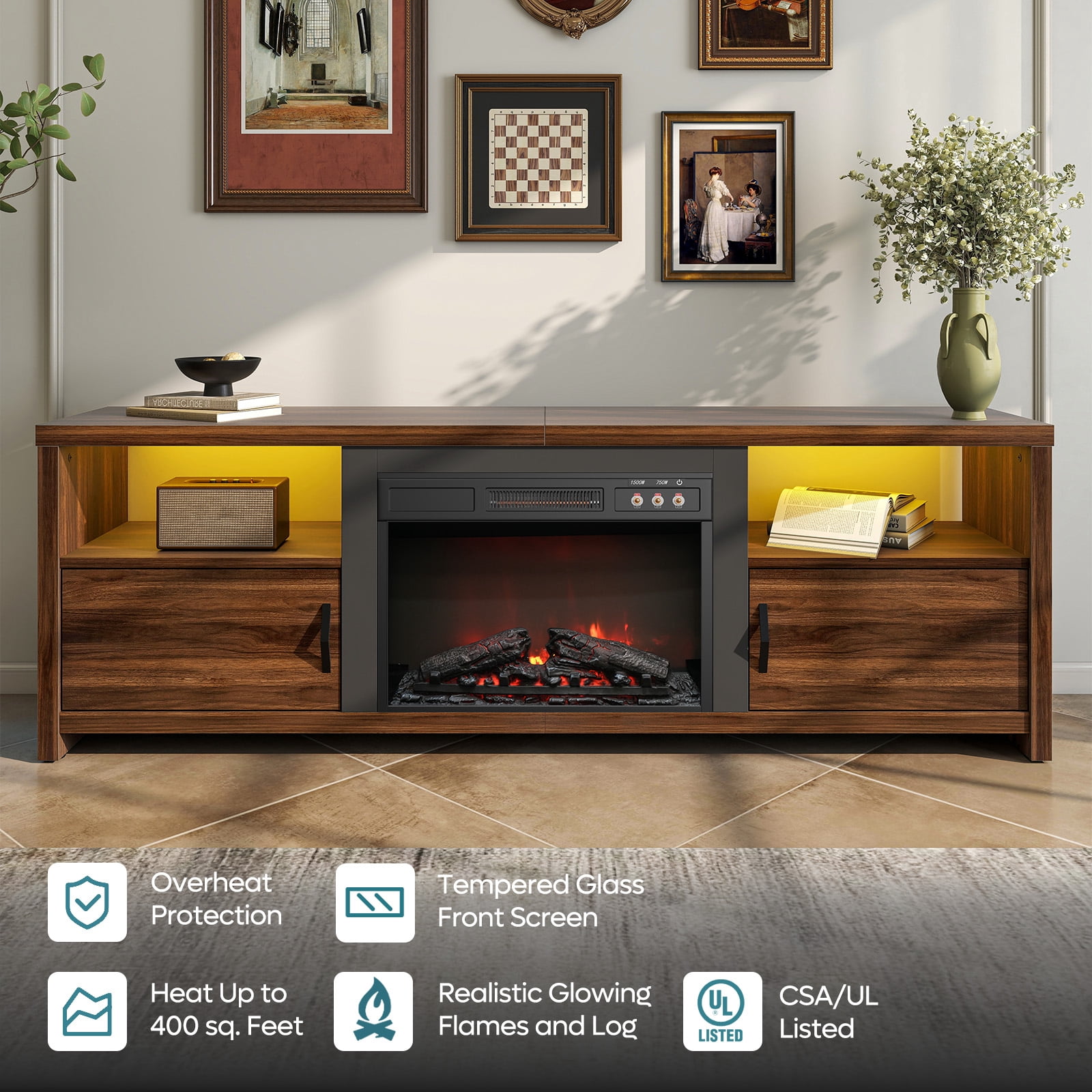 Bestier 71" Fireplace TV Stand for TVs up to 75" LED Entertainment Center with 23" Remote Control Electric Fireplace, Walnut