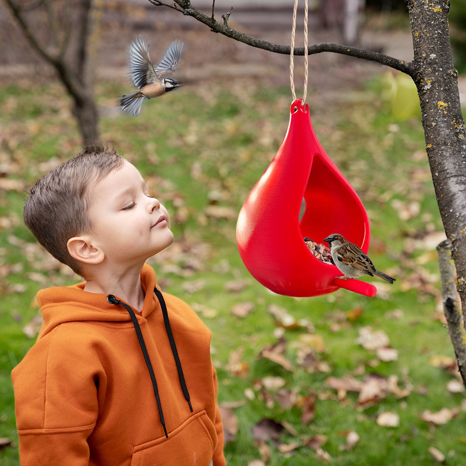 Handcrafted Hanging Fly-Through Feeder for Outdoor Garden & Backyard, Glass Bird Feeder, Decorative Wild Bird Feeder with Steel Wire Cable for Attracting Wilds Birds