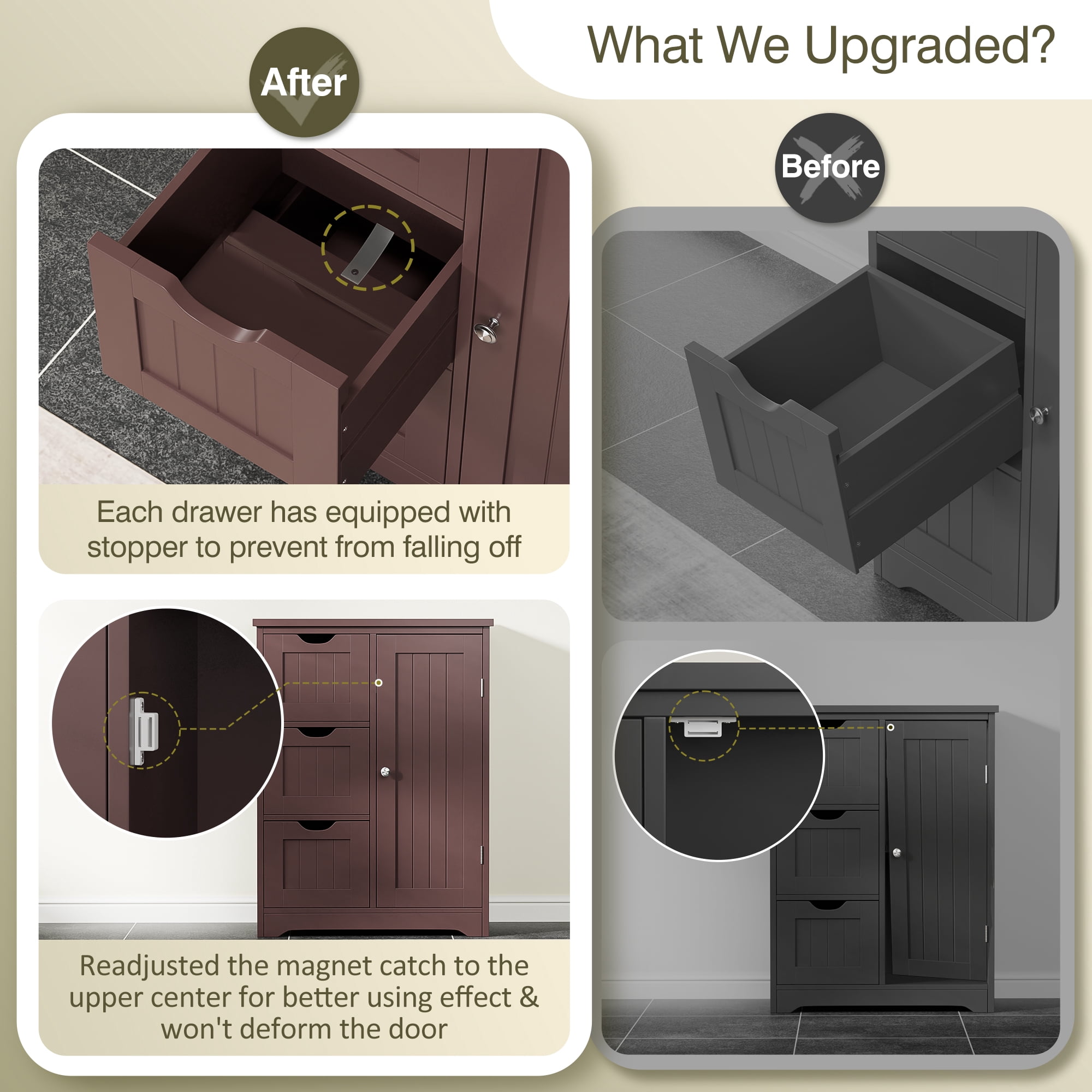 HomGarden 31.5-in Bathroom Floor Cabinet Freestanding Storage Organizer W/ 3 Drawers & Adjustable Shelf for Living Room, Entryway, Brown