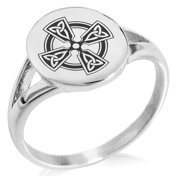 Stainless Steel Celtic Cross Triquetra Knot Minimalist Oval Top Polished Statement Signet Ring