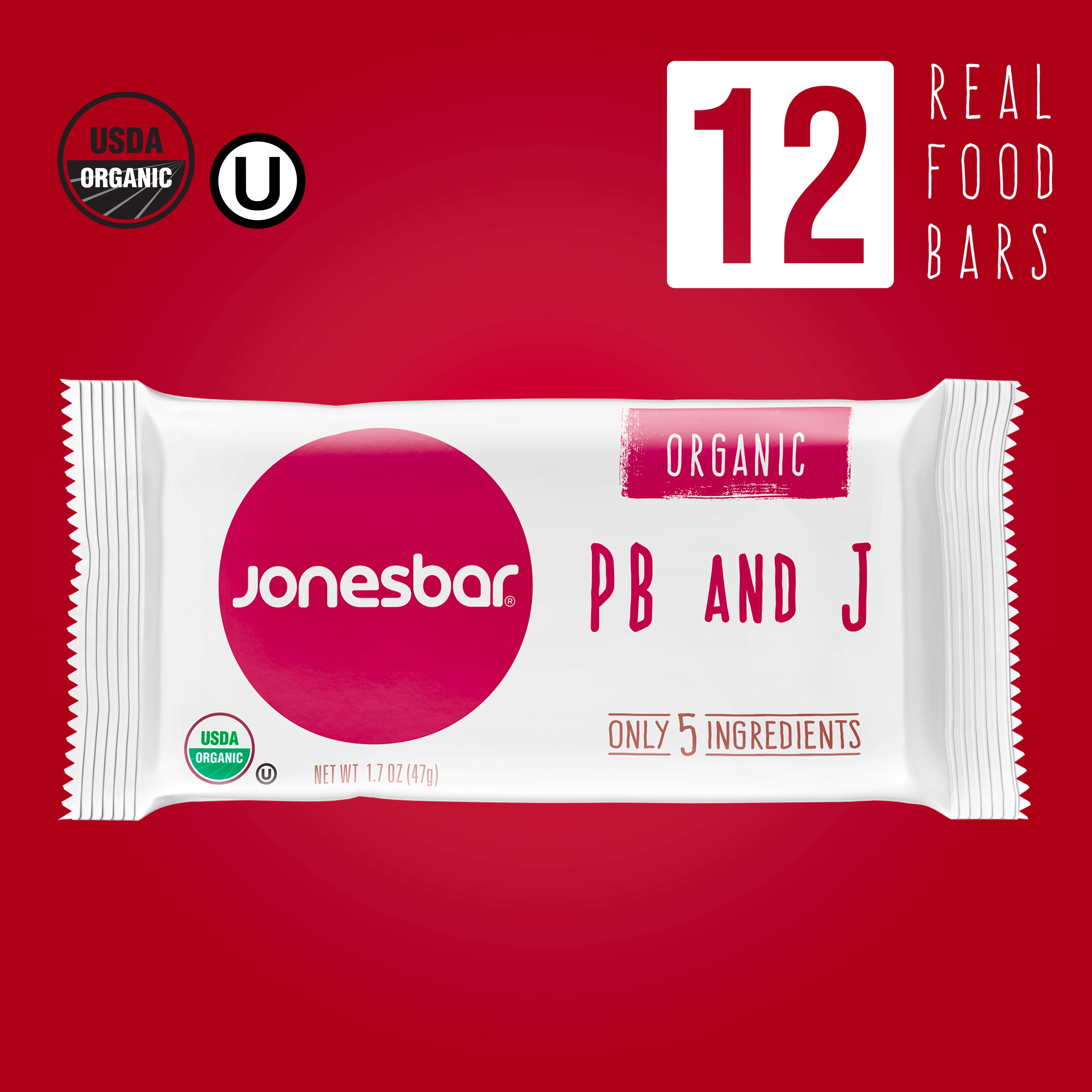 Organic Peanut Butter & Jelly Fruit & Nut Bar, Jonesbar, Certified Organic & Kosher, Gluten Free, Vegan, 12 Count (Pack of 1)
