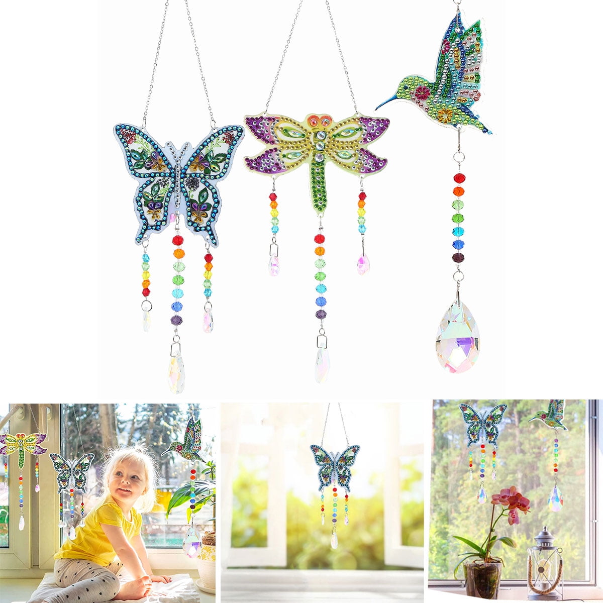  Macarrie 3 Pack Rhinestone Painting Suncatcher Wind Chime  Double Sided Crystal Rhinestone Painting Hanging Ornament Flower Shape Suncatcher  Kit for Adults Art DIY Window Home Garden(Fresh Style) : Arts, Crafts 
