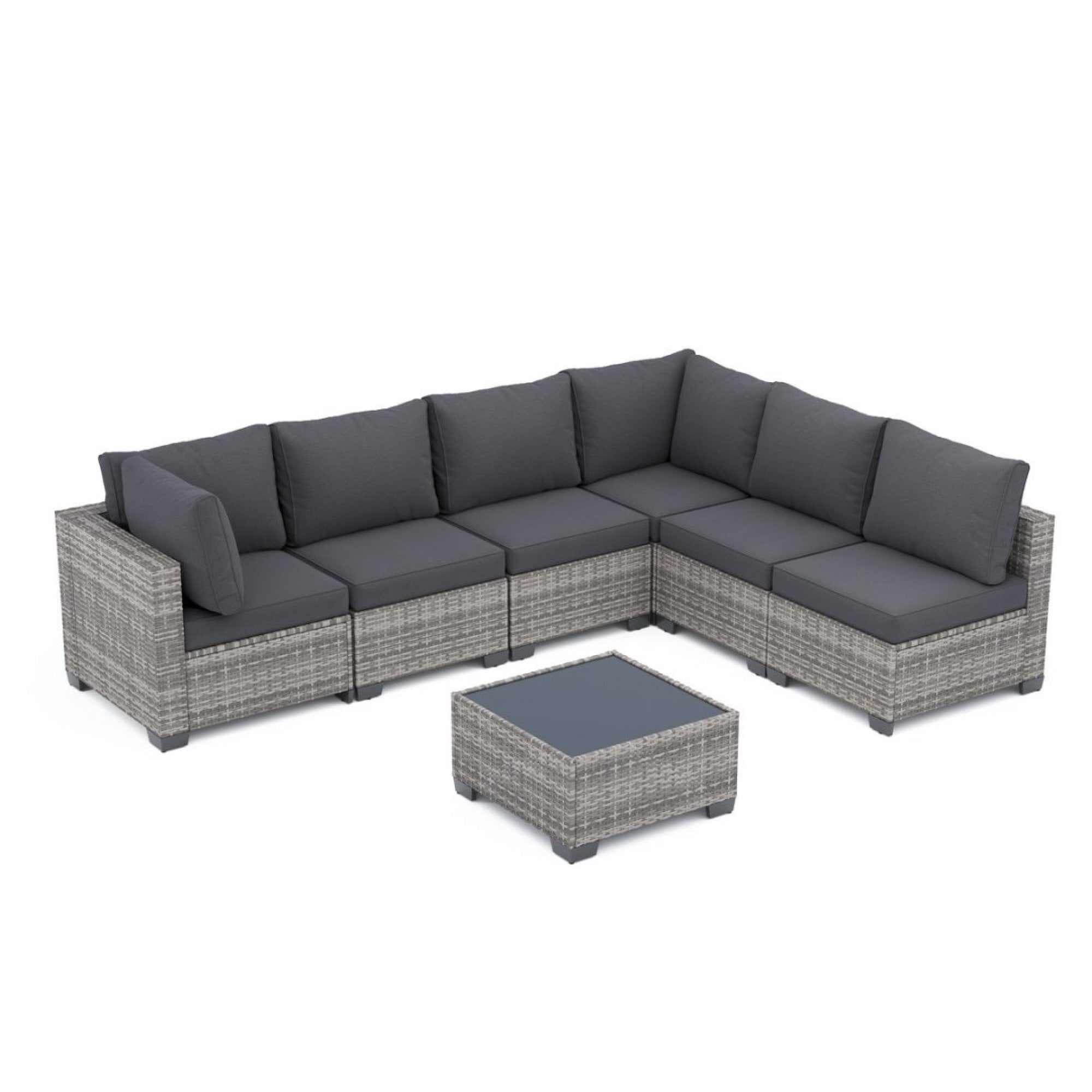 7-Piece Patio Furniture Set with Glass Coffee Table, All-Weather Wicker Rattan Outdoor Sectional Sofa with Thick Cushions, Modular Patio Conversation Set for Backyard, Poolside & Garden