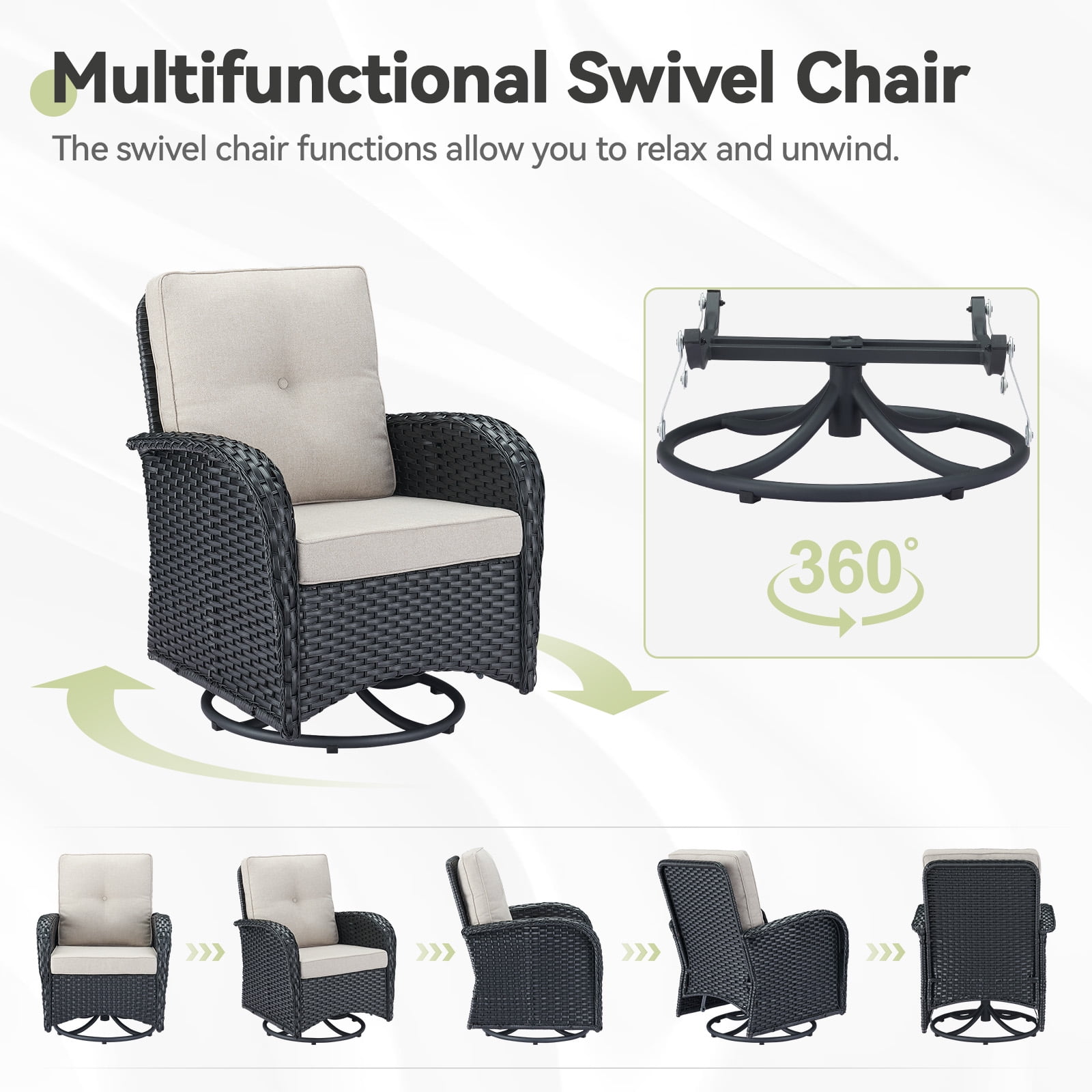 Planntonneo 3 Piece Wicker Patio Furniture Sets, Outdoor Swivel Rocking Chairs Set of 2 with Rattan Side Table for Deck Porch Pool, Black/Beige