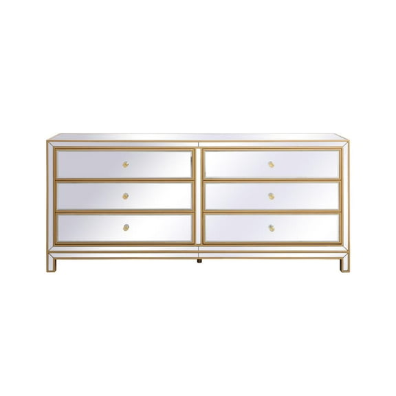 Elegant Decor Reflexion 72" Metal and MDF Mirrored Six-Drawer Dresser in Gold