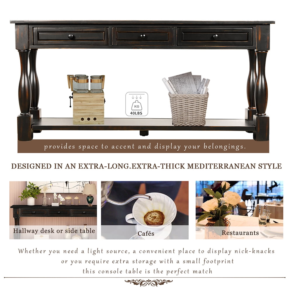 Lowestbest 64" Rustic Easy Assembly Storage Cabinet, Long Sofa Table with Drawers, Shelf Entryway Table for Hallway, Living Room, Distressed Black Lowestbest 64" Rustic Easy Assembly Storage Cabinet, Long Sofa Table with Drawers, Shelf Entryway Table for Hallway, Living Room, Distressed Black