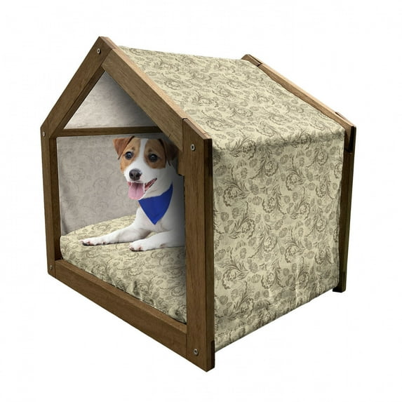 Floral Pet House, Silhouette Cluster of Plants as Art Designed Curvy Leaf and Stem, Outdoor & Indoor Portable Dog Kennel with Pillow and Cover, 5 Sizes, Beige Umber and Pearl, by Ambesonne