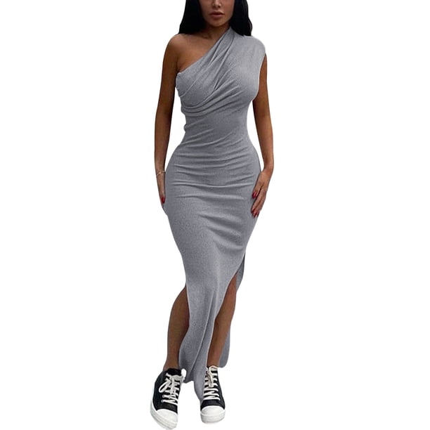 SAYOO Vestidos Largos para Mujer, Adulto Color Sólido Sin Mangas Un Hombro Plisado Abertura Lateral Slim Fit Vestido Femenino SAYOO Moda