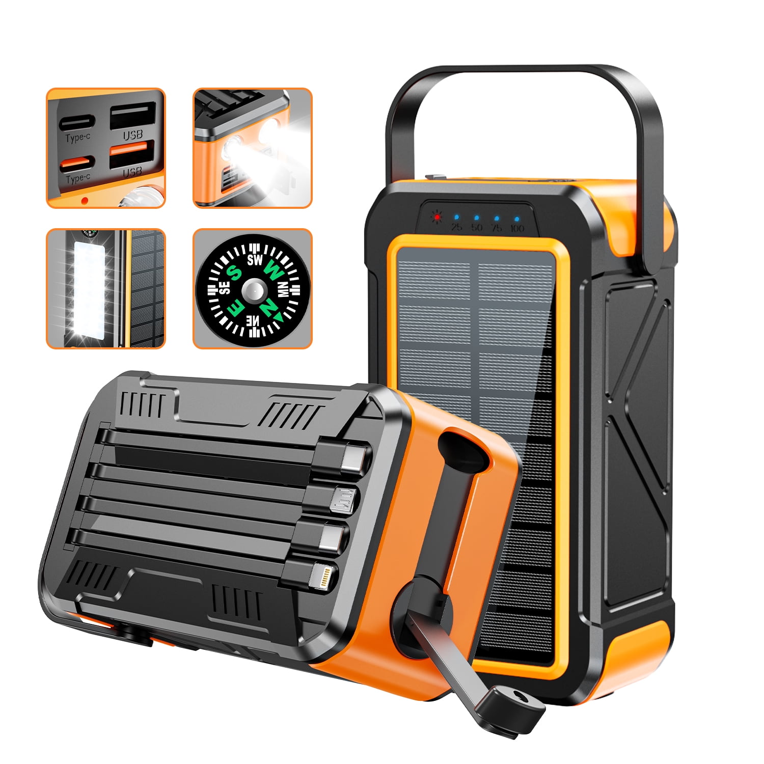 Solar Charger 80000mAh Built-in Cables, 22.5W Fast Charging Portable Power Bank with USB C, Camping Light, Flashlight, Battery Pack for iPhone 16 15 14 13 12 11, iPad, Samsung, Apple Watch, Yellow