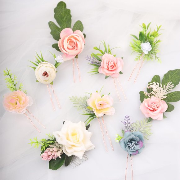 Kercisbeauty 9Pcs Floral Hair Piece For Wedding Brides Bridesmaid Handmade Hair Jewelry Garden Wedding Hair Accessories