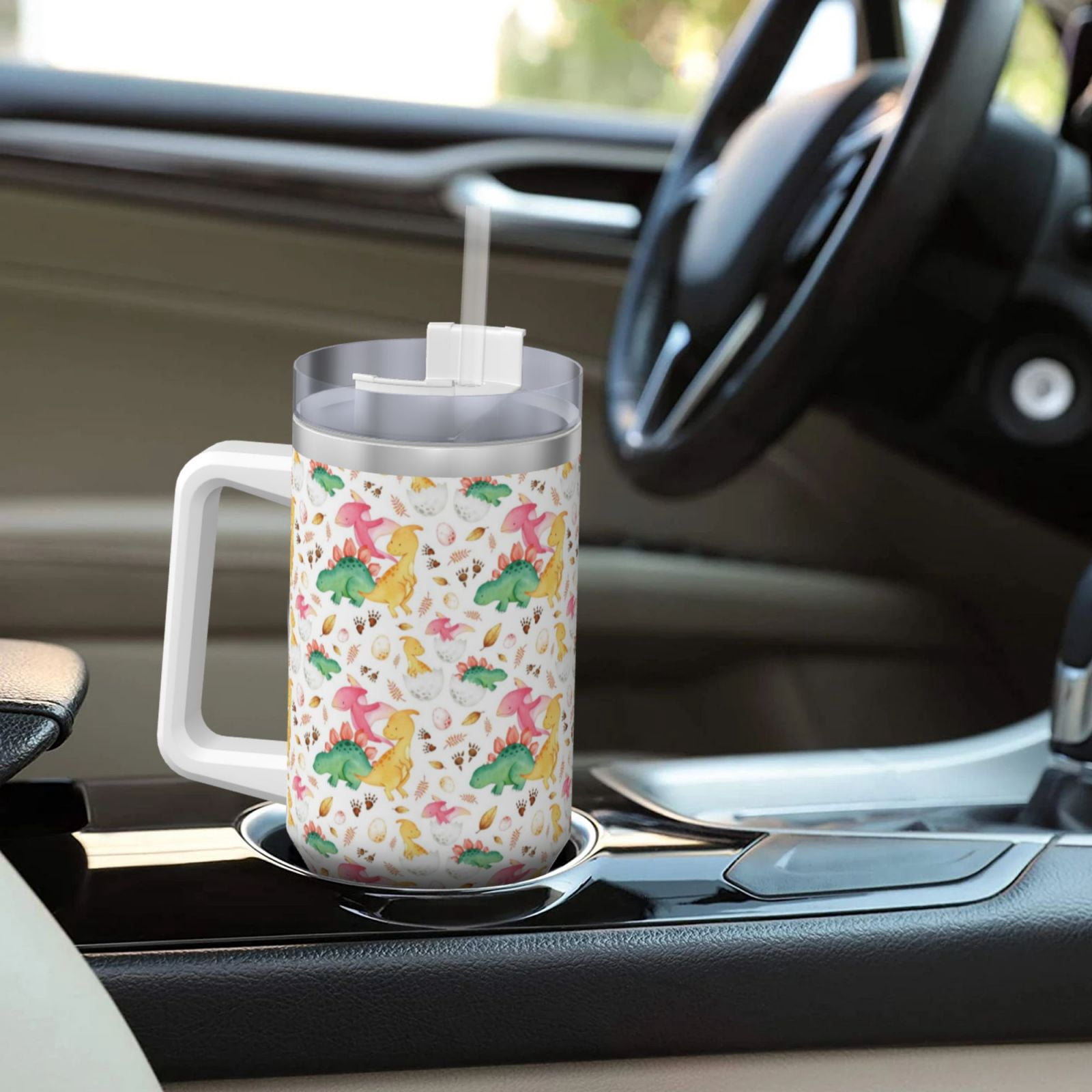 Picia Cute Baby Dinosaurs Pattern 40oz Ice Bully Insulated Tumbler with Handle, Double-Wall Stainless Steel Cup, Leak-Proof Lid and Straw