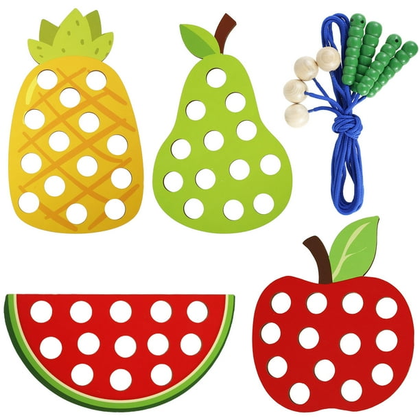 Juguete de cordones para niños pequeños Preescolar Juego de juguetes de madera para enhebrar Frutas Juguete de cordones con varillas para enhebrar Sandía Pera Piña Montessori Juguete de actividad para