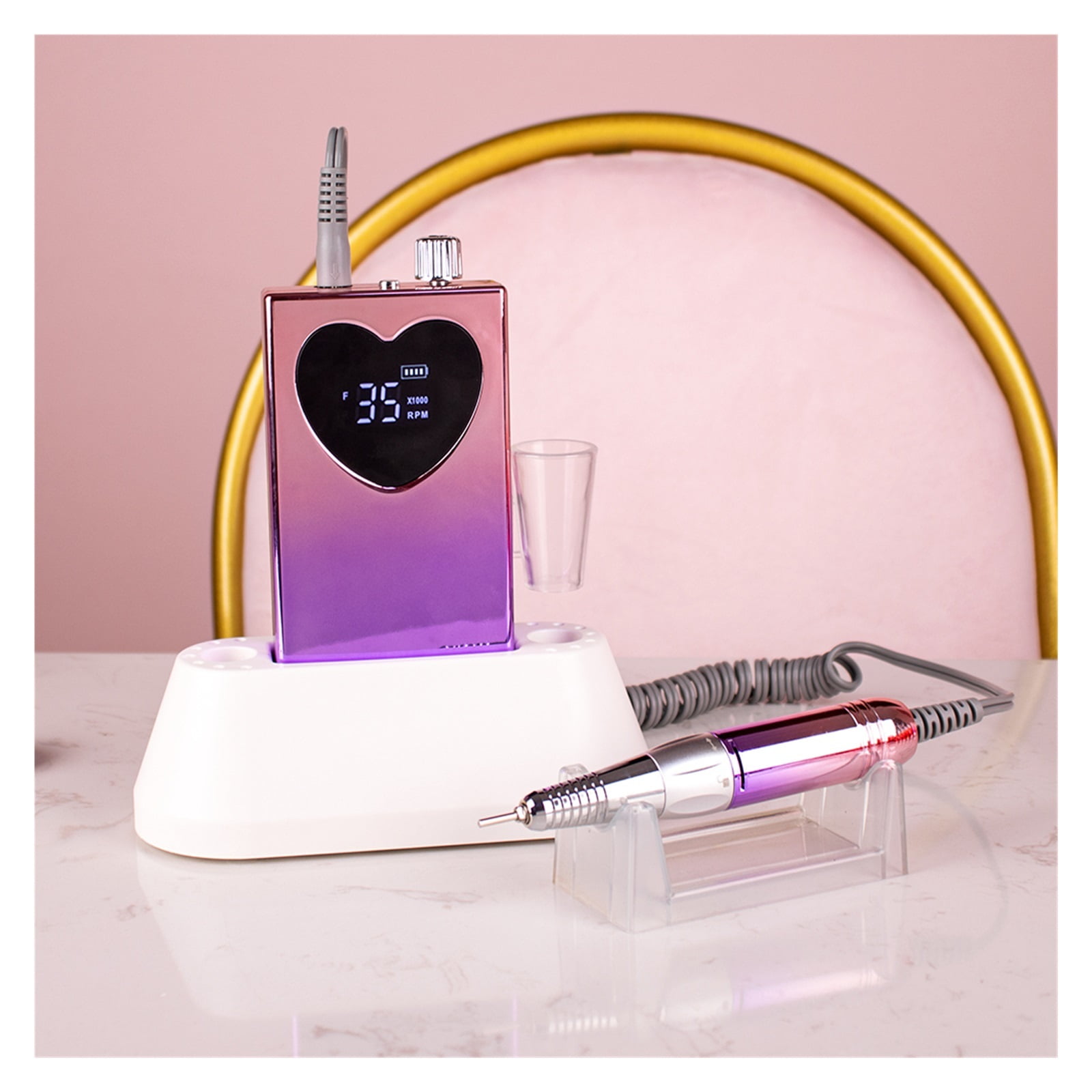 Irregular Display 35000RPM Portable Nail Drill With Desktop Base Cordless Battery Drilling Machine Pink Handle Wireless File ,Lightweight and Portable