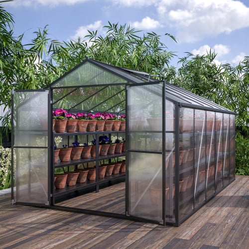 8'×12' All-Season Walk-in Greenhouse | Heavy-Duty Polycarbonate & Aluminum Frame | Double Doors, 2 Vents for Outdoor Garden Backyard