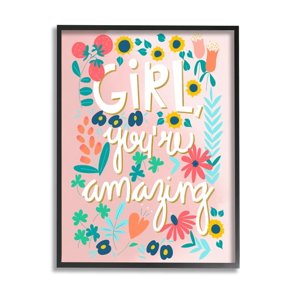 Stupell Industries Girl You're Amazing Phrase Botanical & Floral Painting Black Framed Art Print Wall Art, 11 x 14