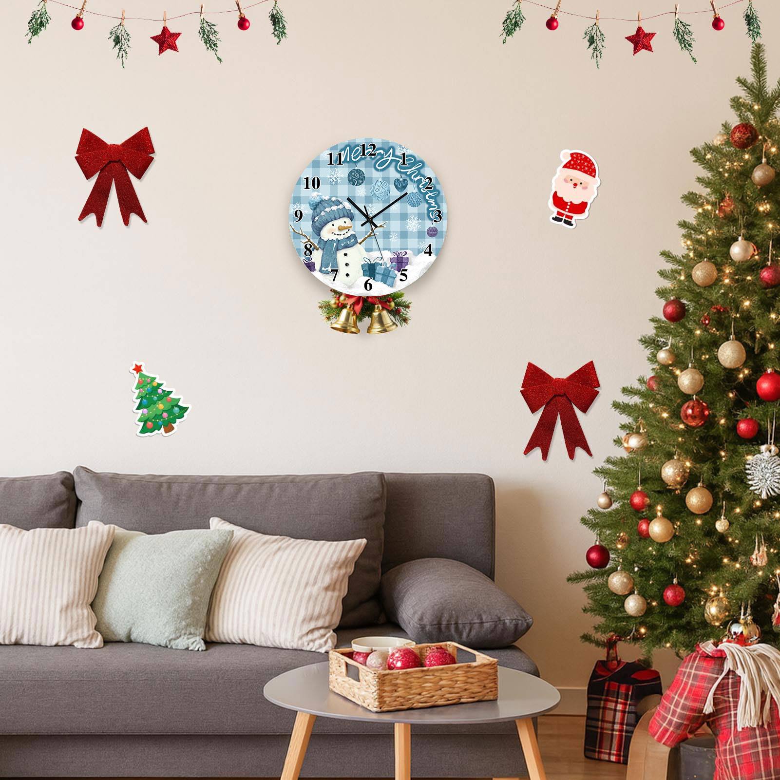 Sanmadrola Christmas Decoration Wall Clock Home Indoor Decor Silent Non Ticking Wooden 12'' Snowman