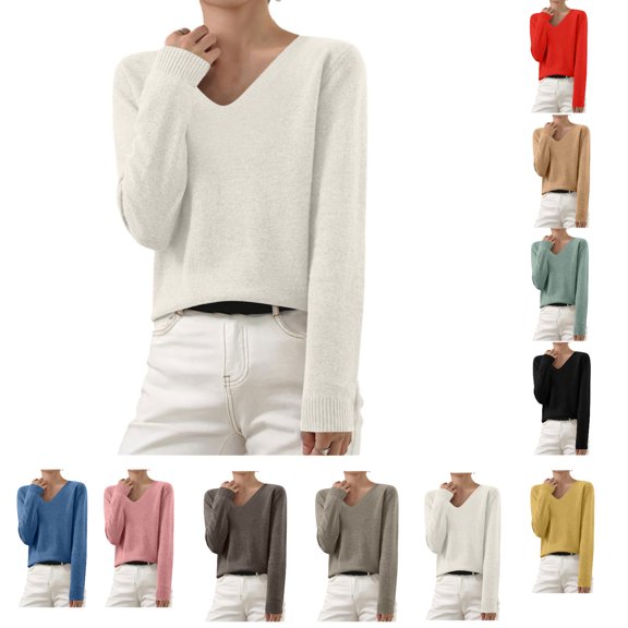 Yijfswar Sweaters for Women V neck Long Sleeve Soft Solid Color Knit Blouses Loose Pullover Sweater Top