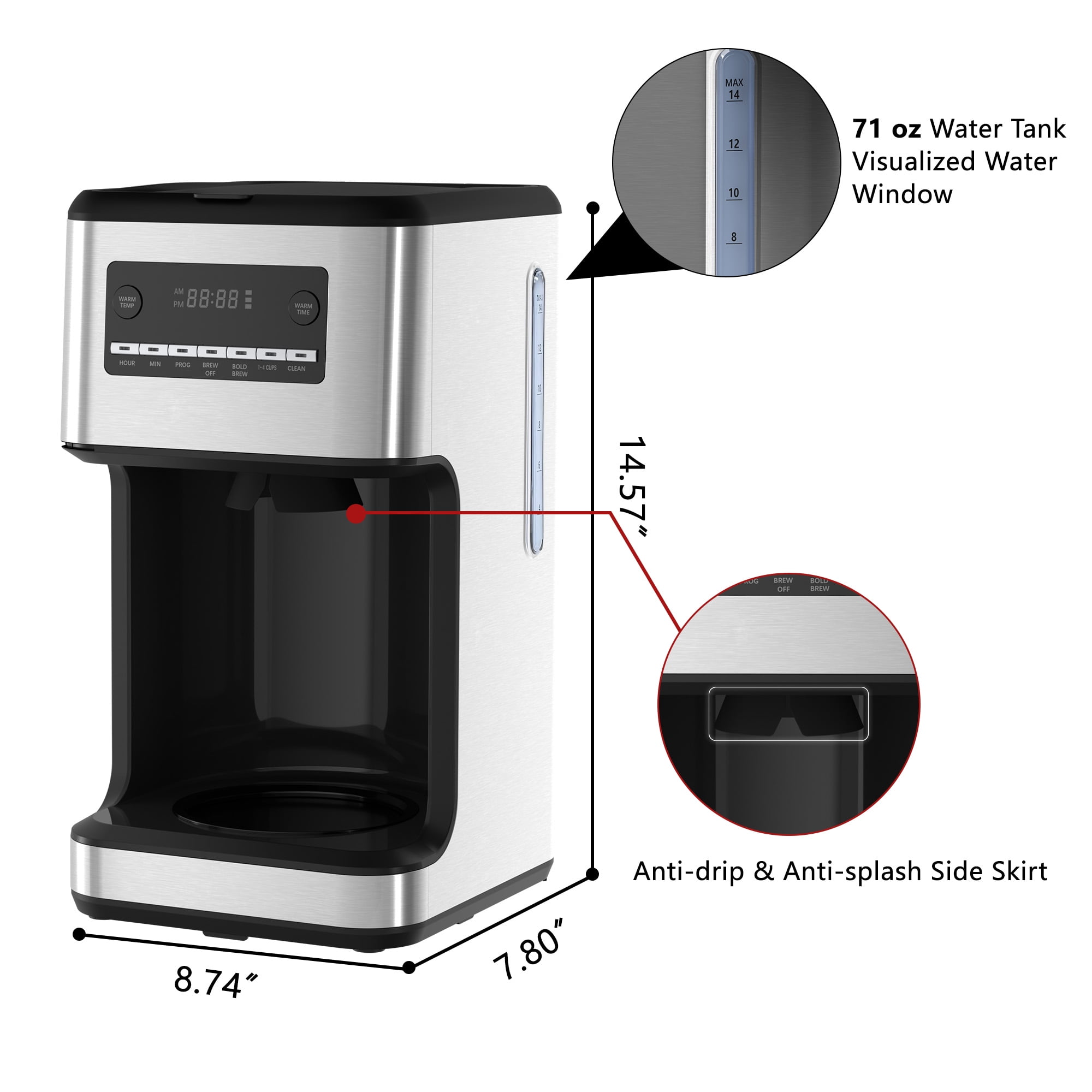 Auseo 14-Cup Programmable Drip Coffee Maker,  Tea maker - 24Hr Brew Scheduling, Bold Brew & Self-Cleaning, 1050W Fast Brewing w/Large Glass Carafe & Reusable Filter for Home/Office (Stainless Steel)