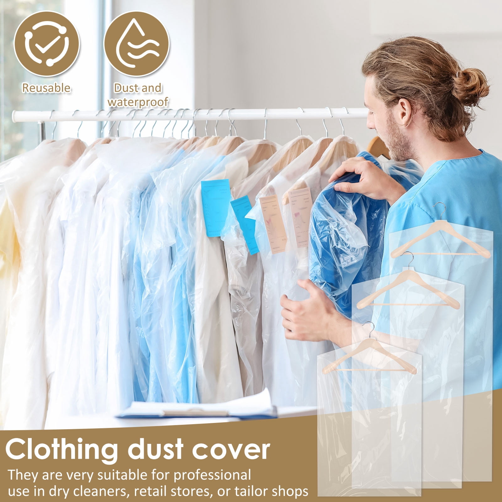70Pcs Dry Cleaner Bag Reusable Clothes Dust Cover Waterproof Garment Dustproof Bag 3 Size Transparent Clothing Protector Cover Clear Coat Dry Cleaning Bag for Jacket Coat Suit