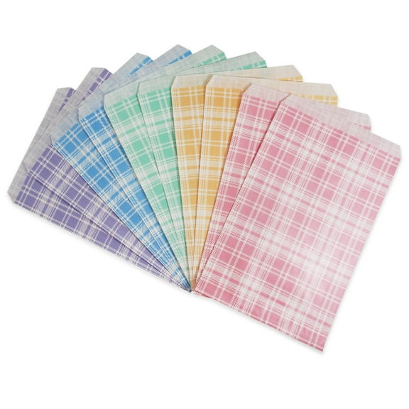 100 Bags 8.5" x 11" Decorative Flat Paper Gift Bags - Mixed Plaid Pattern on White Kraft Bags - For Sales/Treats/Parties Cookies/Gifts