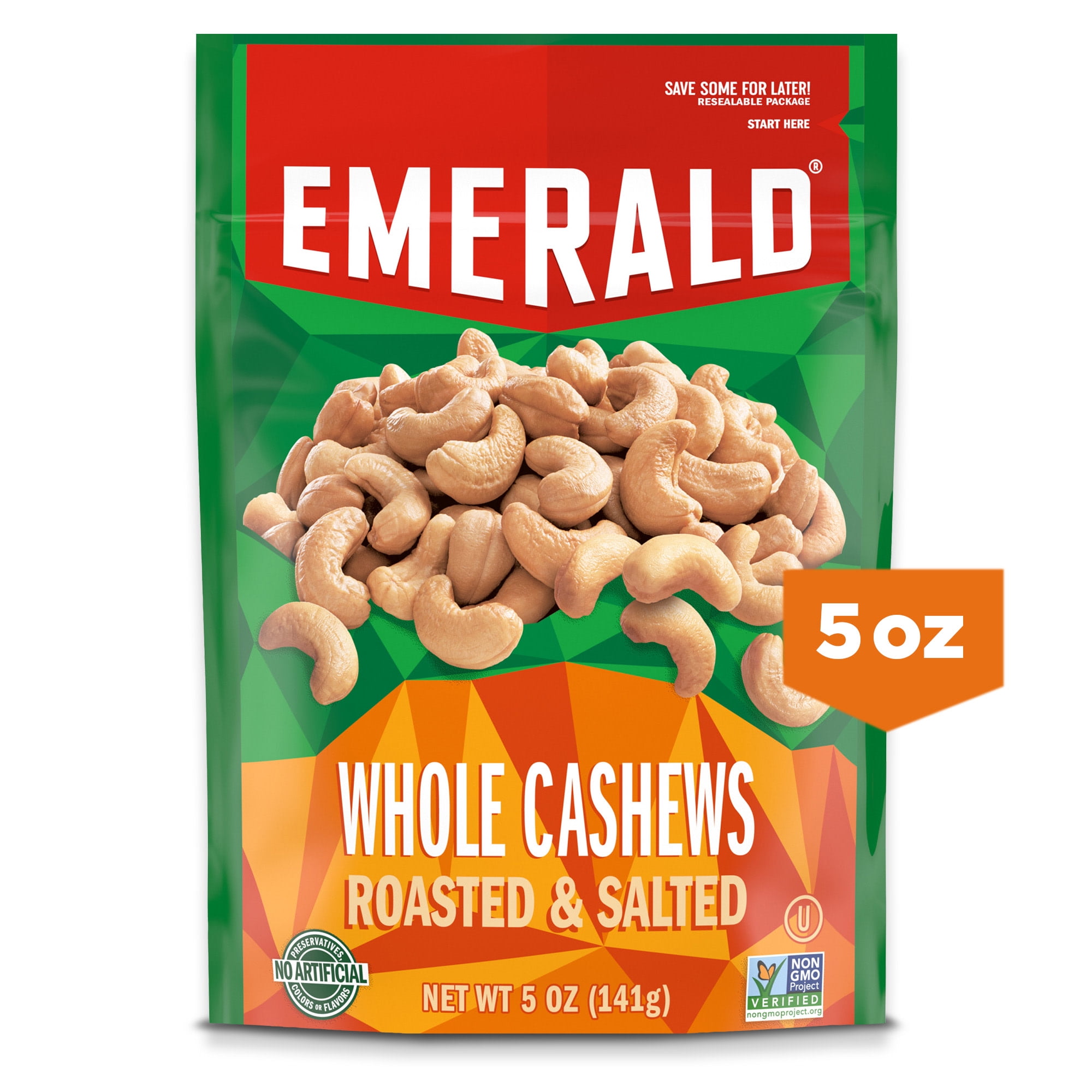 Emerald Nuts, Whole Cashews Roasted & Salted, 5 Oz Resealable Bag