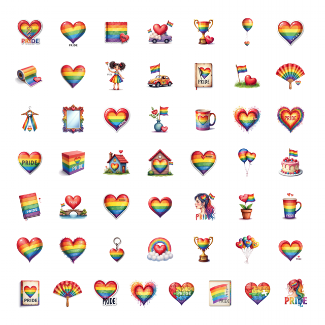 50pcs Colorful Heart Pride Month Stickers Rainbow Element Stationery Decals Water Bottle Laptop Phone Notebook Skateboard Sticker Set