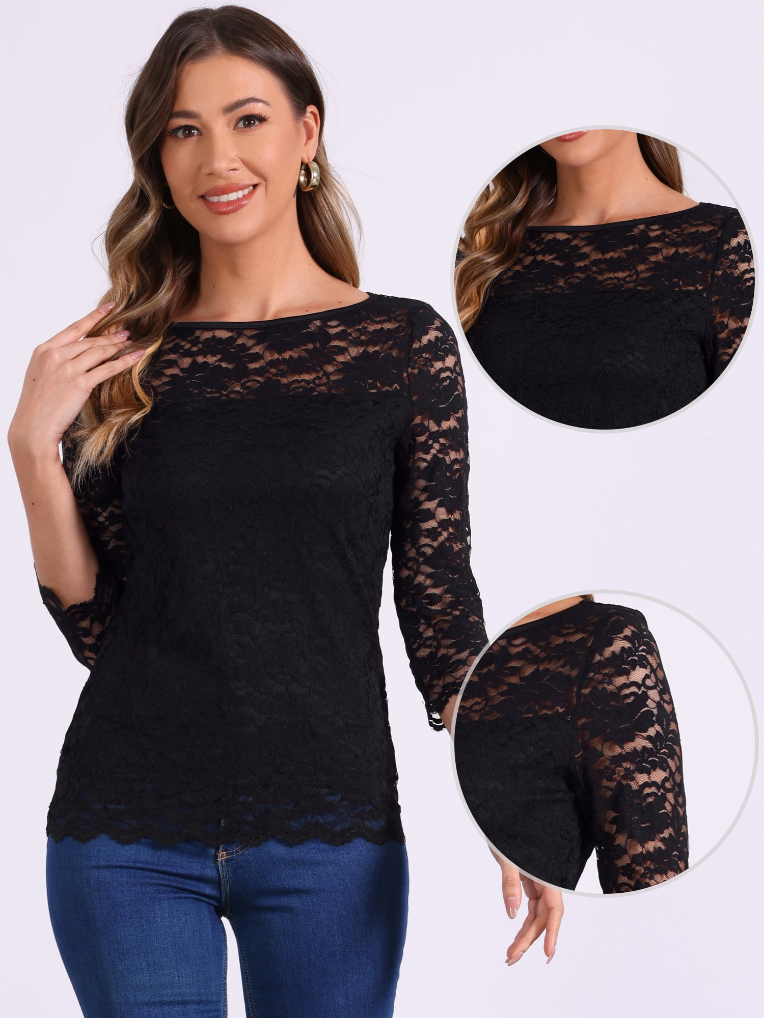 DARING DIVA Women's 3/4 Sleeve Crew Neck Floral Lace Tops XS Black
