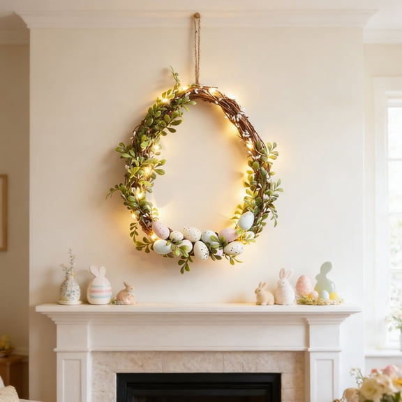 Cheapark Easter Wreath Artificial Spring Door Wreath with Light and Flowers Colorful Eggs for Indoor Outdoor Home Decor
