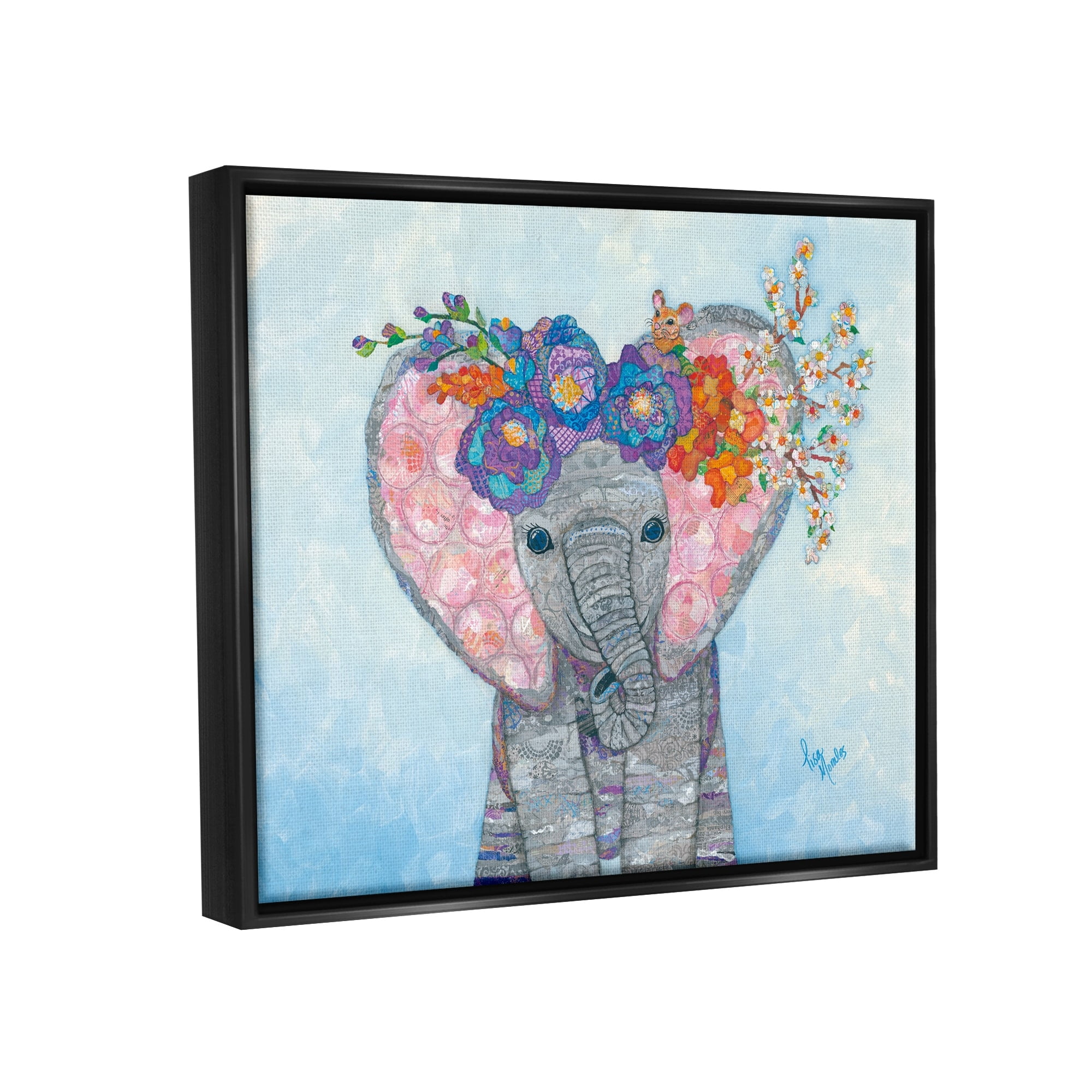 Stupell Industries Baby Elephant & Mouse Decorated Flower Blossoms Collage Painting Jet Black Floating Framed Canvas Print Wall Art, Design by Lisa Morales