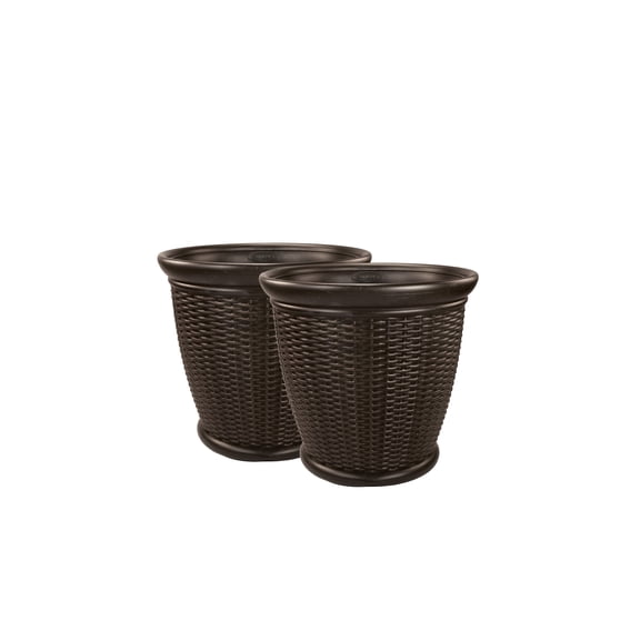 Suncast Willow 22" Resin Wicker Decorative Pot Planters, Set of 2, Java