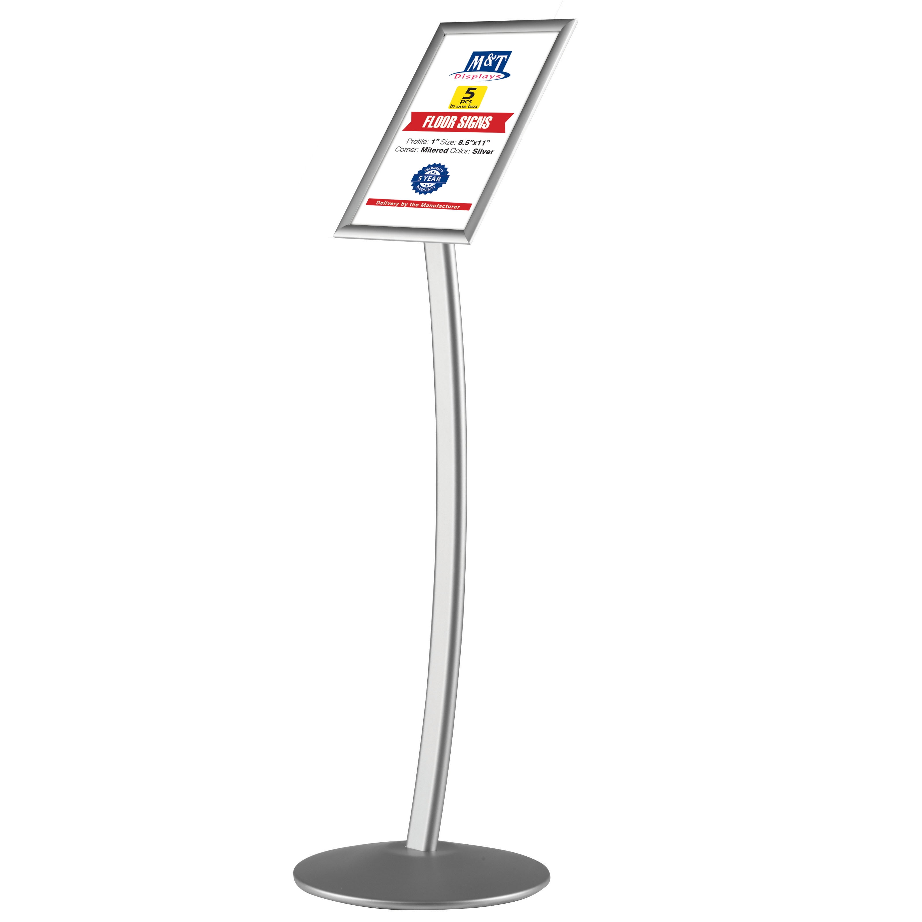 M&T Displays Curved Menu Board, 8.5x11 inch Silver Pedestal Sign Holder