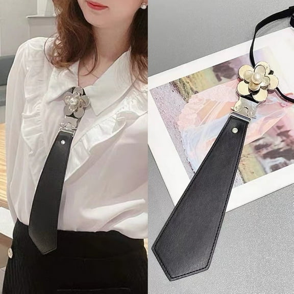 Eosunjian Faux Leather Necktie with Metal Buckle Faux Pearl Flower Design Japanese Punk Style Adjustable Neck Tie Women Shirt Accessories Black