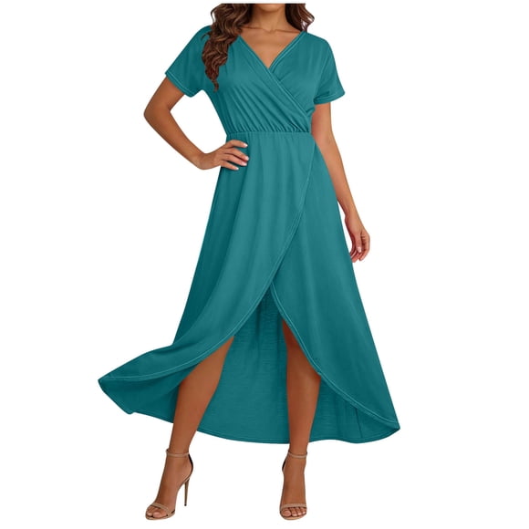 Xugsiok Summer Dresses for Women Short Sleeve V-Neck Elastic Waisted Splited Tunics Sundress Vacation Business Work Beach Wedding Flowy Long Dresses