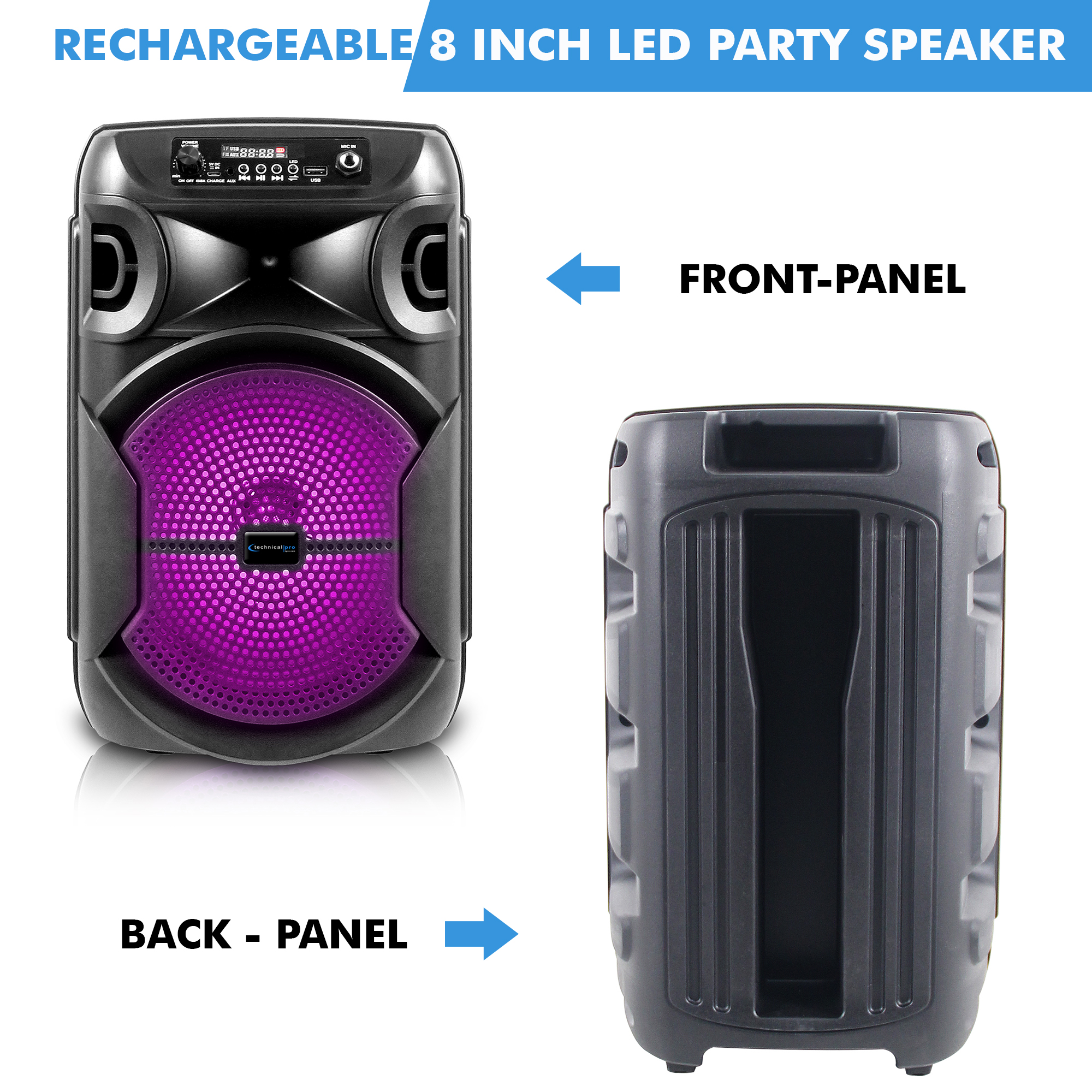 Technical Pro 3 Set  8" Portable 1000 W Bluetooth Speaker w/ Woofer & Tweeter Party PA LED Speaker w/ Bluetooth/USB Card Inputs - image 3 of 6