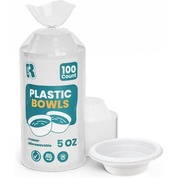 Plastic Bowls - 100-pack Microwave Safe Disposable Bowls - Sturdy and Durable White Plastic Bowls