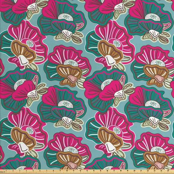 Floral Fabric by the Yard, Natural Theme Colorful Drawing Flower Patterns and Butterflies, Upholstery Fabric for Dining Chairs Home Decor Accents, 3 Yards, Pale Teal Hot Pink by Ambesonne