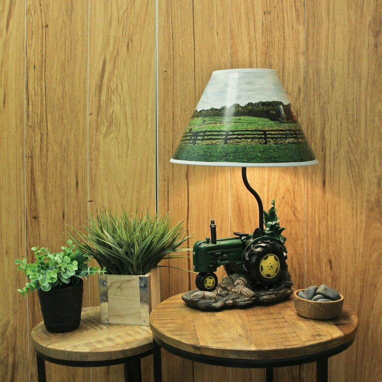 Zeckos Green Vintage Farm Tractor Table Lamp Decor with Country Landscape Shade