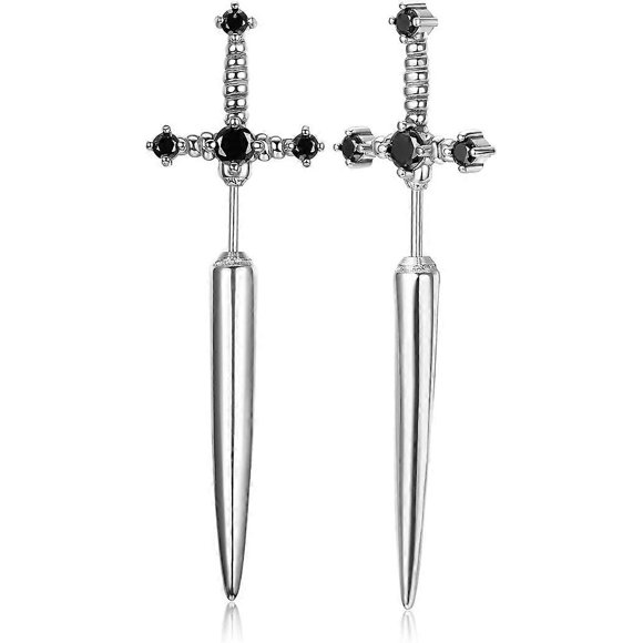 Gothic stainless steel sword earrings for men and women, silver, gold, vintage, dagger jewelry, psilver black stone