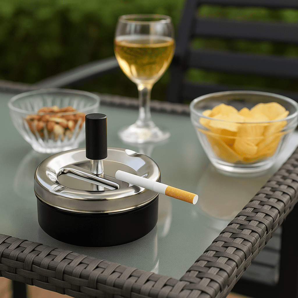 2-Pack Push-Down Spinning Ashtray – Metal Press-Lid