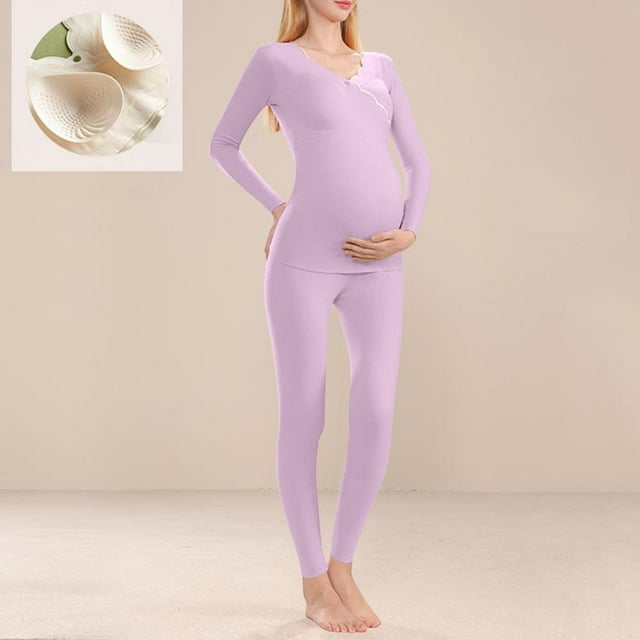 YUNAFFT Ensemble de Vêtements de Détente pour Maternité et Allaitement Couleur Unie Col Rond Manches Longues avec Soutien-Gorge Intégré Ceinture Réglable Pantalon Automne Hiver Vêtements de Maison Chauds Confort Décontracté