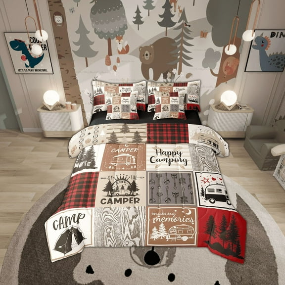 Rv Short Twin Comforter For Camper Happy Camping Bunk Bed In A Bag 7 Piece Camper Accessories Bedding For Travel Trailers,Patchwork Buffalo Plaid Pine Tree Arrow Bed Set Red Brown