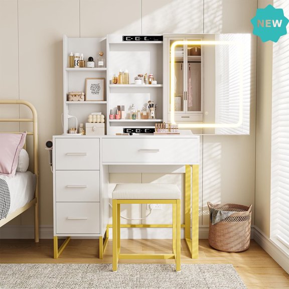 Dressing Table & Vanity Desk with LED Mirror and Lights, Built-In Charging Station, Storage Drawers, Shelves & Stool
