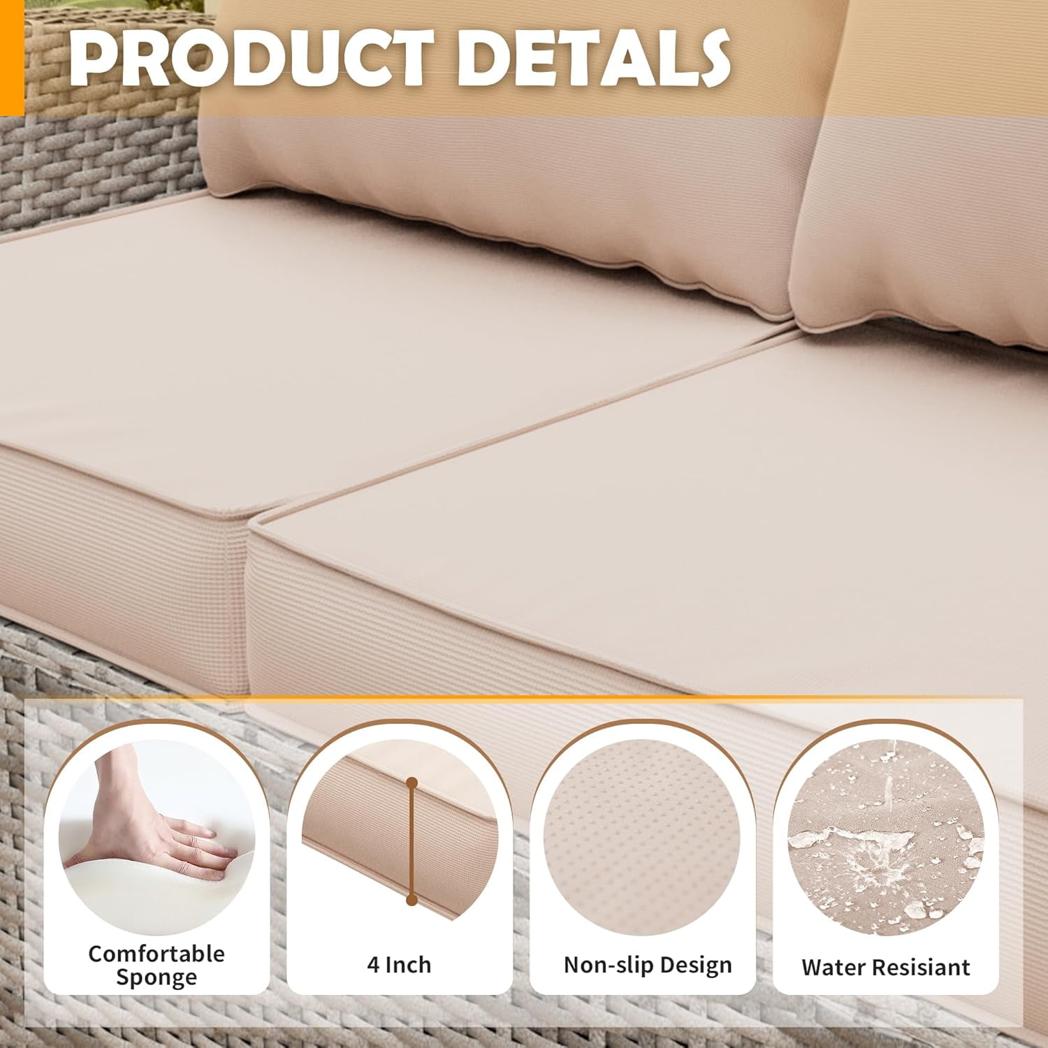 MRUAKA Outdoor Cushions for Patio Furniture, 4'' Replacement Cushions for Outdoor Furniture, Set of 4 Water-Resistant Outdoor Sectional Cushions for Sofa Couch Chair (Beige)