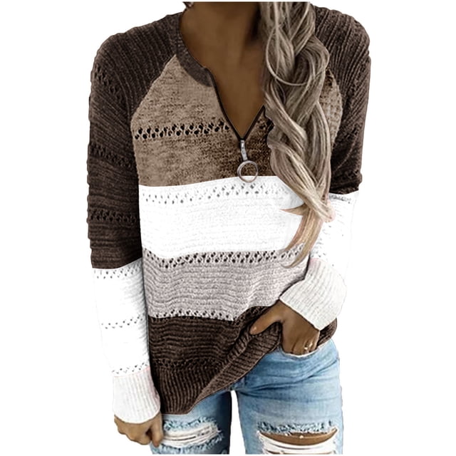 FAIWAD Long Sleeve Sweaters for Women Color Block Striped Plus Size Zip Knitted Pullover Tops
